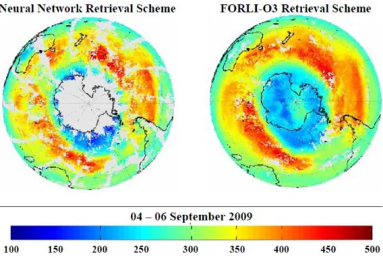 Fig. 2. IASI total ozone column distribution above Antarctica retrieved from the Neural Network scheme (left) and the FORLI-O3 scheme (right)