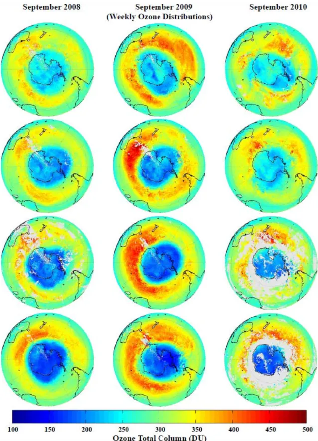 Fig. 5. IASI total ozone distribution above Antarctica (DU) retrieved using the FORLI-O3 algorithm