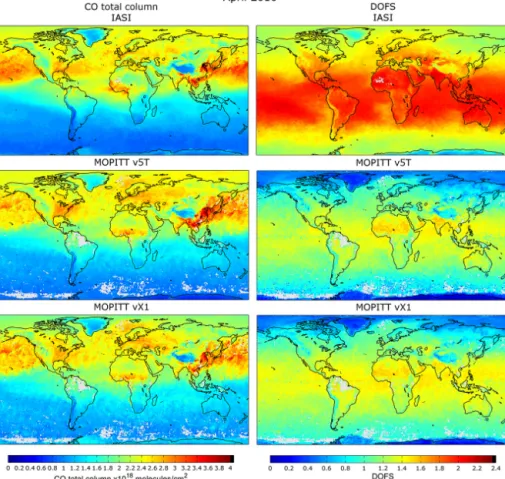 Figure 3. (Top panel) CO total column and DOFS distributions for April 2010, for IASI, (middle panel) MOPITT v5T and (bottom panel) MOPITT vX1