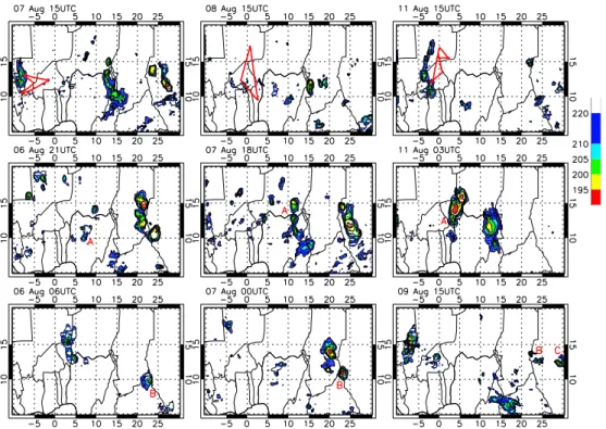 Fig. 1. METEOSAT cloud top brightness temperature time evolution prior to the M55 flight on 7 August 2006 (left panels), 8 August 2006 (central panels), and 11 August 2006 (right panels)