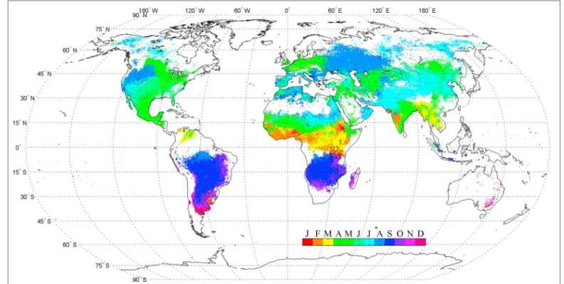 Figure 3. Month of maximum NH 3 column determined in 0.25 ∘ × 0.5 ∘ cells from NH 3 measurements performed between 1 January 2008 and 31 December 2013.
