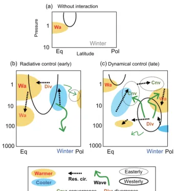 Figure 17. Schematic presentation of the solar influence on the winter stratosphere. (a) Hypothetical response to solar UV heating without interaction with planetary waves