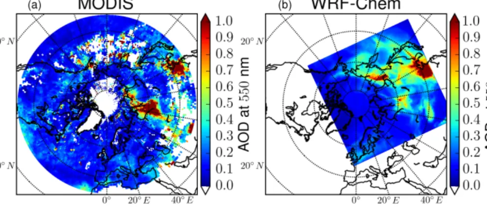 Figure 4. Aerosol optical depth (AOD) at 550 nm (a) measured by MODIS instrument aboard Aqua and (b) simulated by a Mie code in the WRF-Chem model, averaged between 4 and 21 July 2012