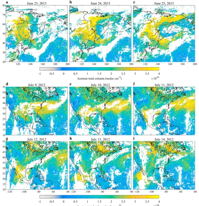 Figure 3. Acetone total columns distributions over two areas of interest (East Siberia and North America), retrieved with the Artificial Neural Network for Infrared Atmospheric Sounding Interferometer (IASI) method from individual days of IASI observations