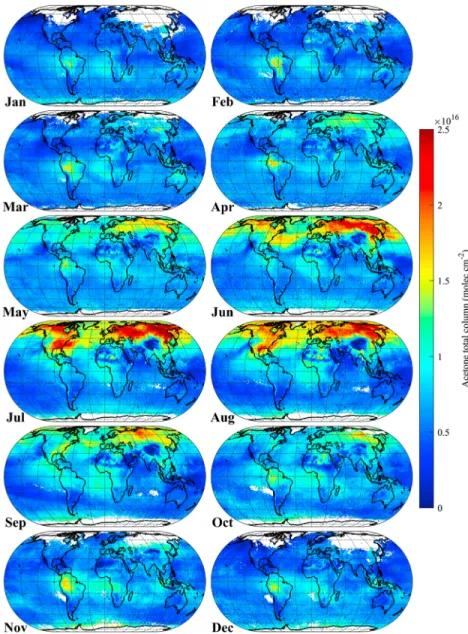 Figure 4. Monthly means (on a 0.5 ◦ × 0.5 ◦ grid) of the acetone total columns retrieved with the Artificial Neural Network for Infrared Atmospheric Sounding Interferometer method from the a.m