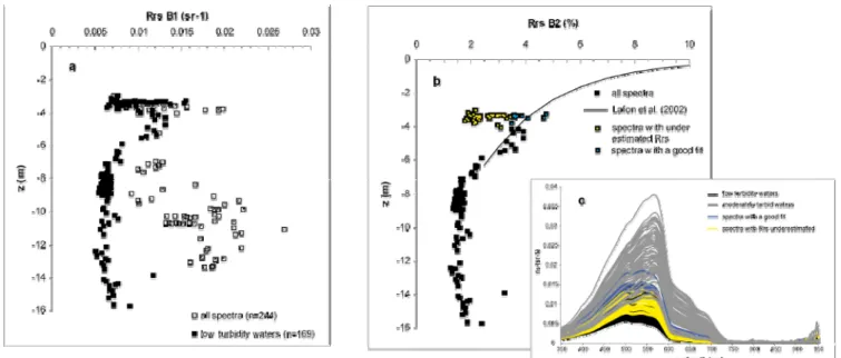 Figure 4. Remote sensing reflectance in Formosat-2 band 1 (in sr -1 , fig. 4a) and band 2 (in %, fig