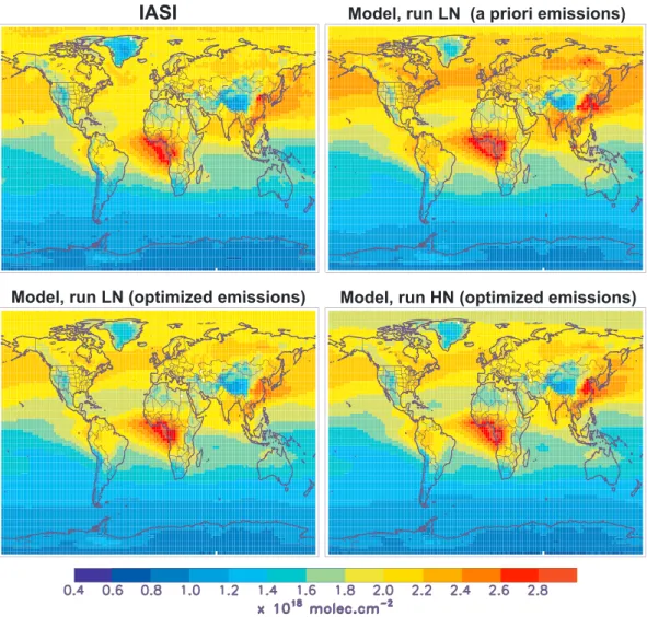 Figure 1. Annually averaged CO columns observed by (top left) Infrared Atmospheric Sounding Interferometer (IASI) in 2013, and modeled with IMAGES using (top right) a priori or (bottom panels) optimized emissions