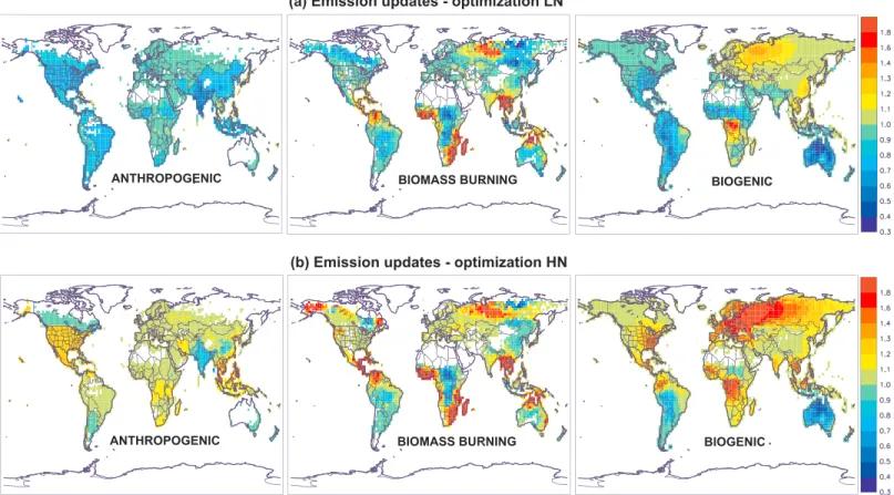 Figure 2. Annually averaged emission updates (ratios (optimized ﬂuxes)/(a priori ﬂuxes)) for the three source categories (anthropogenic, biomass burning, and biogenic) in the optimization (a) HN and (b) LN.