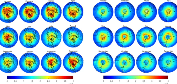 Figure 8. Monthly global distributions of IASI HNO 3 total columns in 2011 in the Northern Hemisphere (left) and the Southern Hemisphere (right)