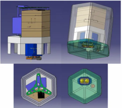 Fig. 1  3D drawing of the BeCOOL microlidar in the STRAT   configuration   gondola.   The   insulated hexagonal shaped boxes used to contain parts of the instrument are shown in brown