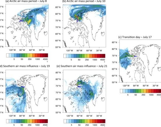 Figure 4. FLEXPART-WRF potential emissions sensitivities for each flight (using particle releases every 2 min along the flight track) that illustrate transport regimes during different periods of the campaign
