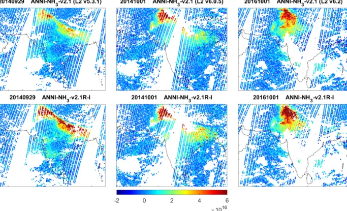 Figure 4. Example retrievals of the morning NH 3 column (molec cm −2 ) over south Asia for the reanalysed retrieval (ANNI-NH 3 -v2.1R- -v2.1R-I, bottom row) vs