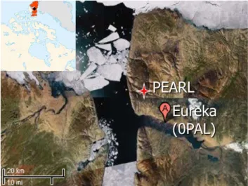 Fig. 1. Satellite composite image of Eureka on Ellesmere Island (in- (in-sert: highlighted in red, black diamond is Eureka), Nunavut, Canada in the early summer