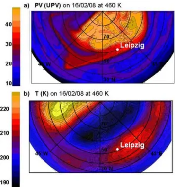 Figure 2. (a) Potential vorticity and (b) temperature on 20 February 2008 at the 460 K level.