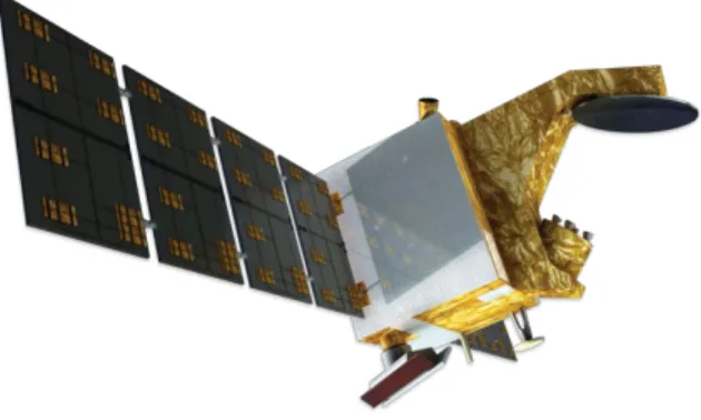 Figure 1 provides an artist’s view of the satellite  with  its  two  payloads,  which  are  both  Ku-band  instruments  (operating  at  13.6 GHz  and  13.2  GHz,  respectively)  scanning  around  the  vertical  axis: 