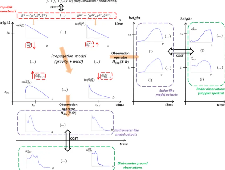 Figure 1. Diagram of the assimilation algorithm. The unknowns of the problem (top DSD parameters and vertical winds) are circled in red