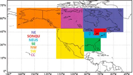 Figure 5. North American map showing the seven regions that were deﬁned in the tagged O 3 simulation and selected for analysis of GEOS-Chem sensitivity results (NE = northeast Canada, SOnQu = southern Ontario and Quebec, NEUS = northeast U.S., SE = southea