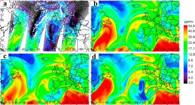 Figure 8. Water vapor mixing ratios (a) measured by AIRS on 19 January 2006 from 0000 to 0600 UTC and (b, c, and d) modeled by MIMOSA-H 2 O the same day at 0000 UTC in the 150 – 200 pressure layer above the Atlantic Ocean