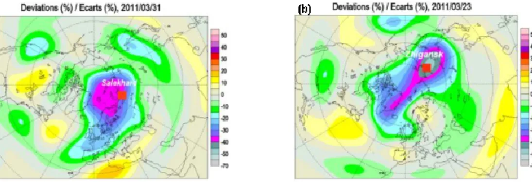 Fig. 6. WOUDC total ozone mapping on 23 and 31 March 2011 when the low ozone vortex passed over Salekhard (a) and Zhigansk (b)