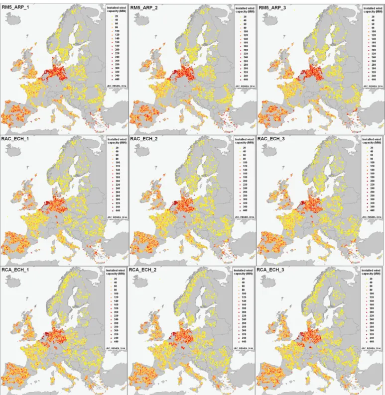 Fig. 2. Allocation of wind capacity planned for 2020 in EU-28 for three models (RM5_ARP– top row, RAC_ECH middle row, RCA_ECH – bottom row) and for three different random allocations (columns).
