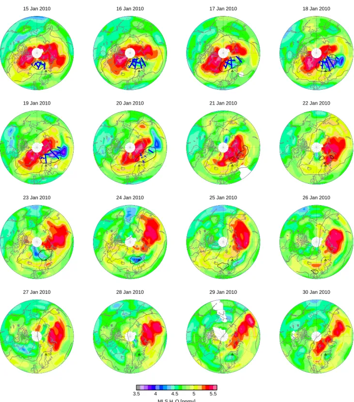 Fig. 4. Aura MLS polar projection maps of water vapour mixing ratio for 15–30 January 2010, interpolated onto the 490 K potential temper- temper-ature surface