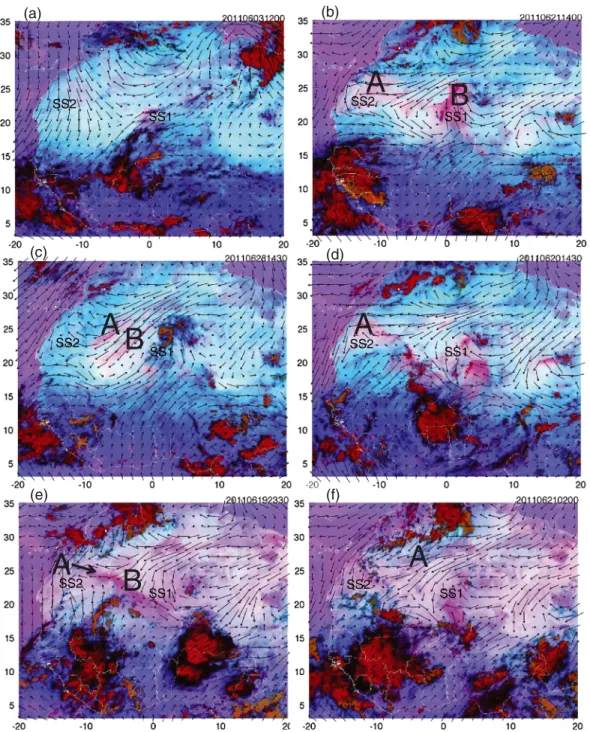 Figure 7. Exemplar cloud (red-black color tones) and dust aerosol (pink color tones) conditions over the Sahara during Fennec IOP 2011 from SEVIRI false color dust product