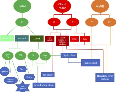 Fig. 1. The flowchart of the target classification procedure using the combination of data from the Raman-polarization lidar, Doppler cloud radar, and microwave radiometer (MWR).