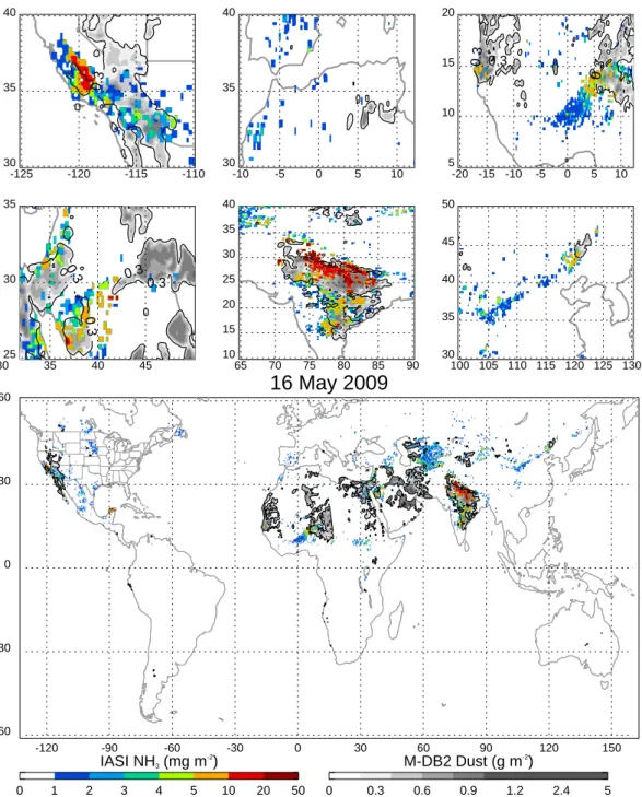 Fig. 1. Global (lower panel) distribution of M-DB2 dust column burden (g m −2 ; grey shading) and IASI NH 3 column burden (mg m −2 ; color shading), on 16 May 2009
