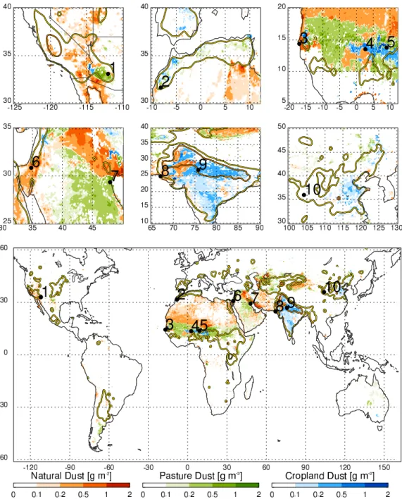 Fig. 2. Global (lower panel) annual mean distribution of M-DB2 dust column burden (g m −2 ) over areas with less than 30 % (Natural Dust;