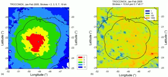 Fig. 3. (a) Detection area for strokes smaller than the indicated amplitude values and (b) stroke statistics for events exceeding 10 kA in amplitude from all stroke types during all experimental days from the period 21 January till 28 February 2005 in Braz