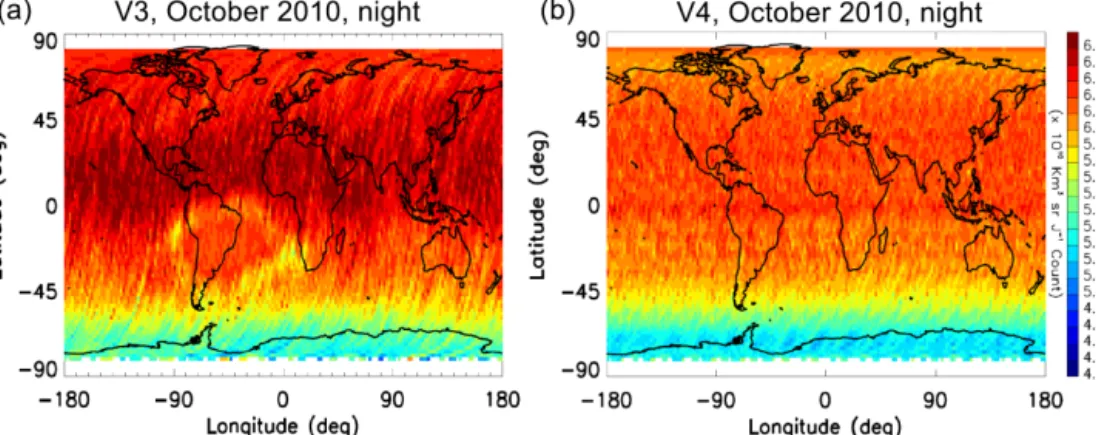 Figure 9. Spatial distribution of the 532 nm nighttime calibration coefficient for October 2010, (a) from V3 and (b) from V4.