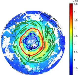 Figure 1. Example of equivalent latitude contours for − 70 (blue),