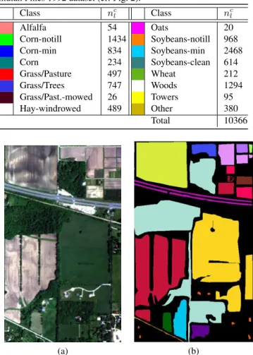 Figure 3: Indian Pines 2010 SpecTIR data.(a) RGB composition and (b) Ground truth (for color legend, see Tab