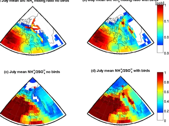 Figure 6. GEOS-Chem simulation of NH 3 mixing ratio (ppb) of the July monthly mean surface layer for (a) no seabird emissions and (b) with seabird emissions