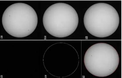 Figure 3. (As shown from left to right, top to bottom): (a) the original image; (b) the filtered image; (c) the  shrunken image of the solar disk, where the radius is 1 pixel smaller than that in (b); (d) the solar limb shown 
