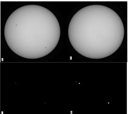 Figure 4. (a) The original image disturbed by instrument noises; (b) the filtered image without sunspots (c) The  gradient on the image; (d) the binary image showing sunspot candidates 