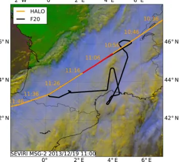 Figure 11. SEVIRI satellite image for the coordinate flight leg be- be-tween HALO and the French Falcon on 19 December 2013