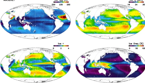Figure 1. The global 14-year averages (1 September 2002–31 August 2016) of T ci , r ei , τ i , and ice cloud frequency, for the AIRS IR only retrieval (AIRS2RET) between 54 ◦ S and 54 ◦ N over the oceans
