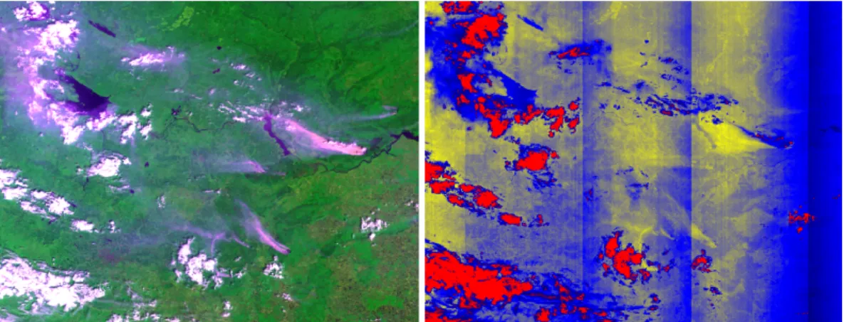 Fig. 3. MERIS False colour composition (red: band 6, green: band 13, blue: band 1) taken at the same time as AATSR on 26 July 2010 (left panel) and Oxygen A-band ratio [band 10/band 11] (right panel) showing plumes which can be observed in the previous  fi