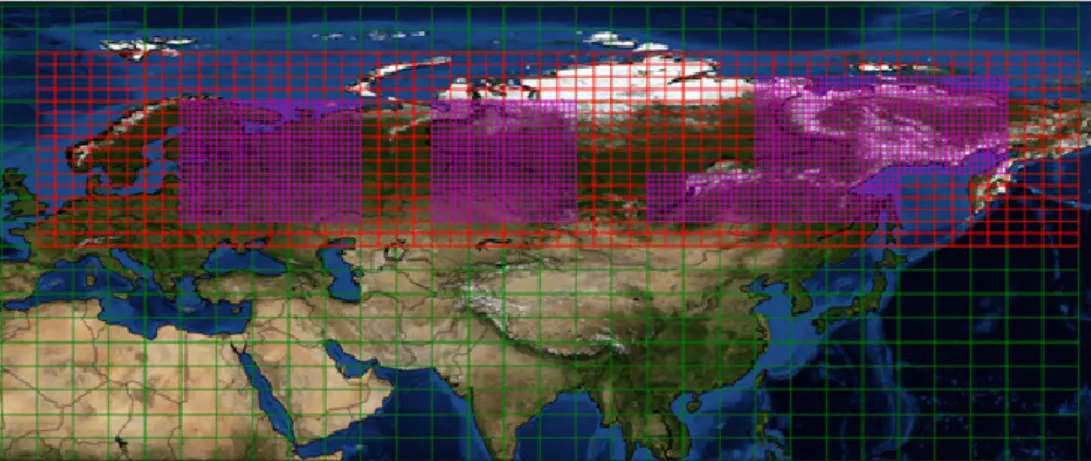 Fig. 5. The TM5 geometry that will be used in the ALANIS project. Globally, a resolution of 6 ◦ × 4 ◦ (longitude × latitude) will be used (green)