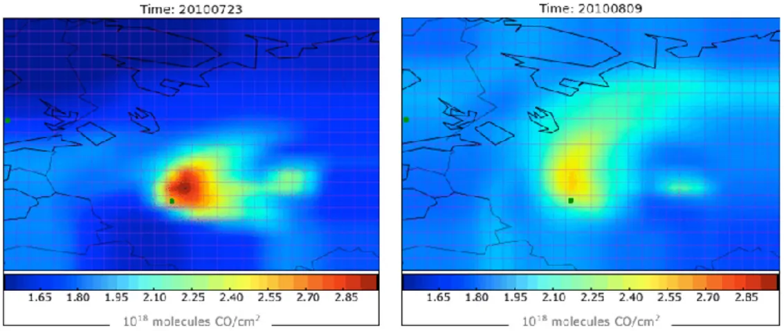 Fig. 6. Examples of CO concentrations simulated by the TM5 model over the Moscow area on the 23 July 2010 (left) and 9 August 2010 (right)