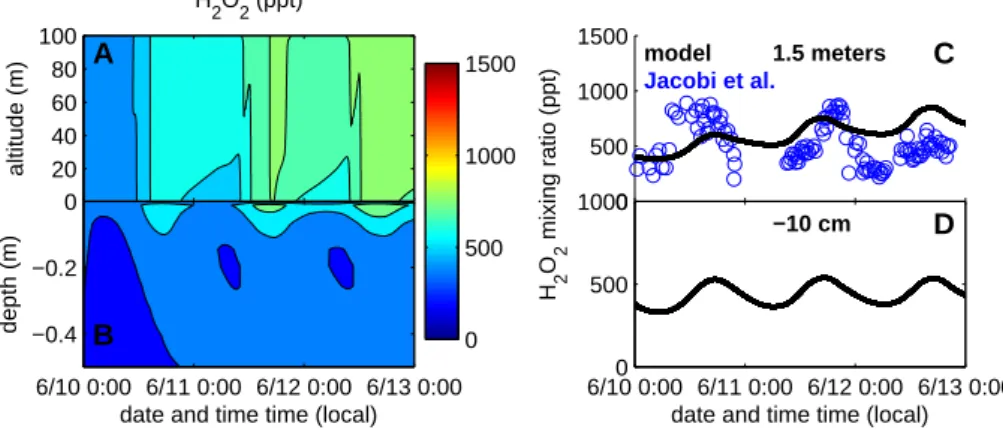 Fig. 9. Model predicted H 2 O 2 for the base case. Model results are compared with measurements taken in June 2000 originally published by Jacobi et al
