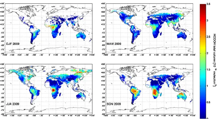 Fig. 10. Seasonal distributions of formic acid total columns for the year 2009. Only cloud free observations recorded during daytime above continents along with a thermal contrast higher than 5 K were considered.