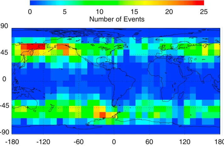 Figure 2. Map of occurrence of MLR events in geomagnetic coordinates. Shown color coded is the number of events observed in a given latitudinal-longitudinal bin.