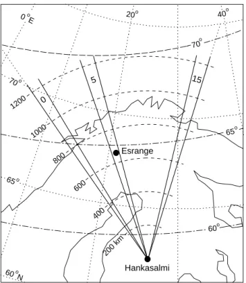 Fig. 1. Field of view of the Finland HF radar, covered with 16 narrow beams (beam numbers 0, 1, 2, 