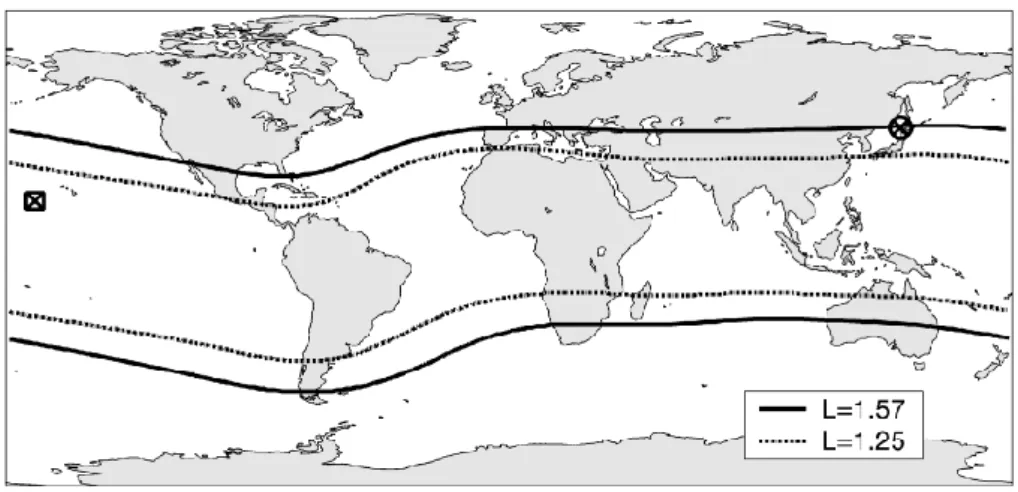 Fig. 1. Map showing the important locations in our study. The original Starfish Prime HANE occurred above Johnston Island (square), while our SIC modelling points are above the city of Sapporo (circle at L=1.57)