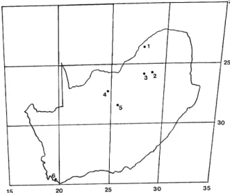 Fig. 1. Map of South Africa, showing the location of the six magne- magne-tometer stations used in the present study