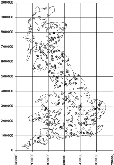 Fig. 3. Geographic distribution of catchments (o) calibration set, (+) validation set