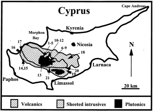 Fig. 1. Map of Cyprus outlining the ophiolite area and the sites sampled.