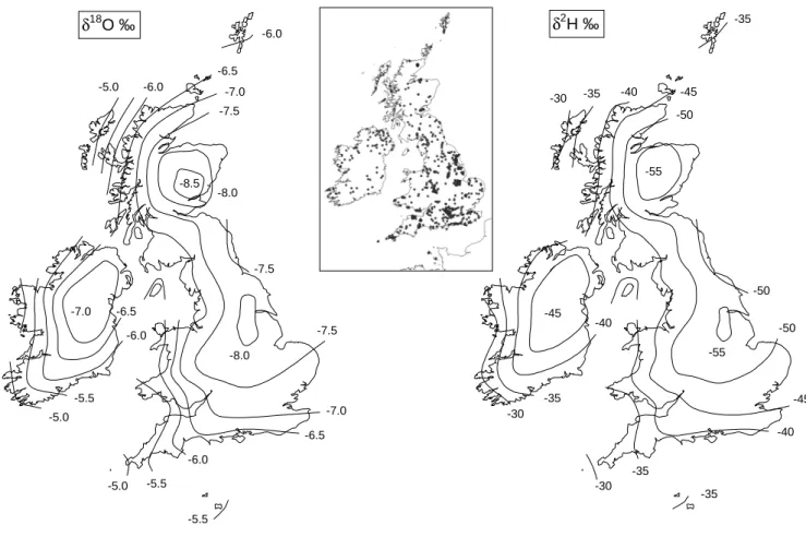 Fig. 6. Contour maps of δ 18 O and δ 2 H in recent groundwaters of the British Isles.  Inset: the distribution of dots indicates the density of sampling, which in turn indicates the reliability of contouring in a particular area.